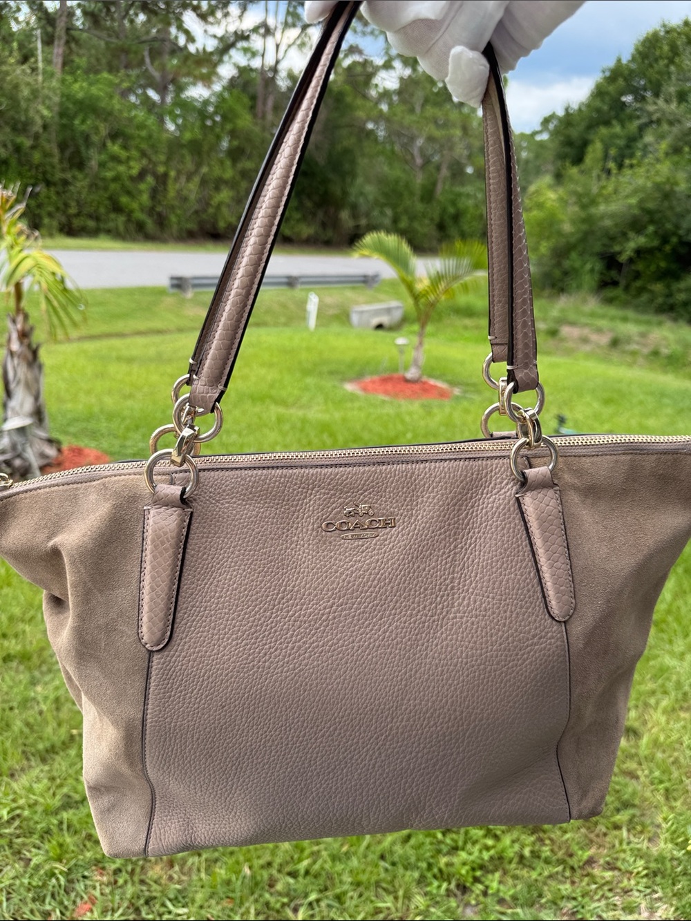 Coach Taupe Suede Bag with Gold Hardware